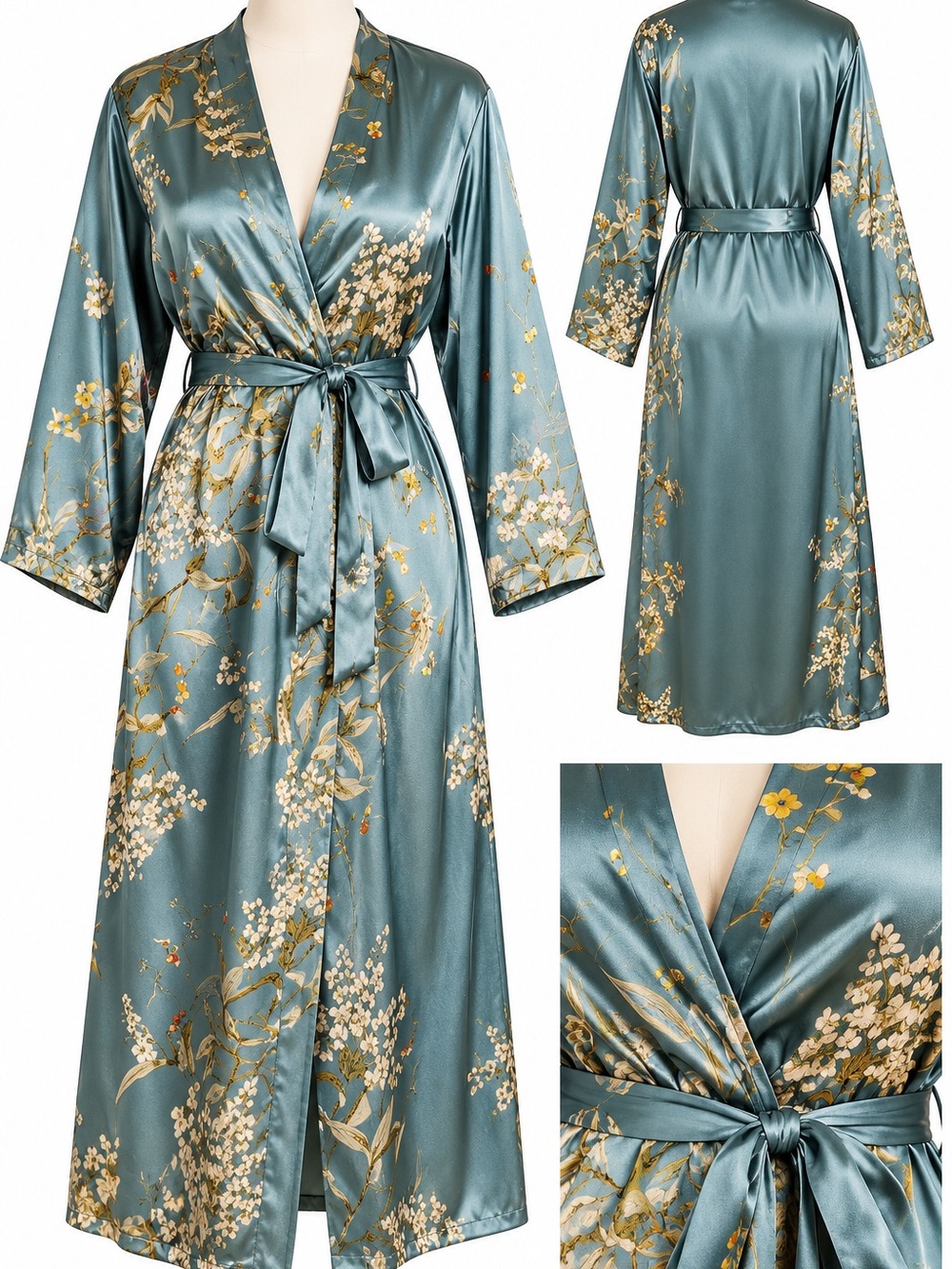 Women’s Floral Satin Robe Teal Green Belted Kimono Size Large